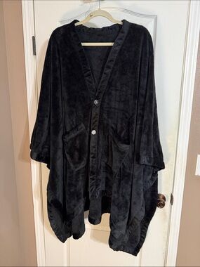 Women's Black Plush Button Poncho Cape